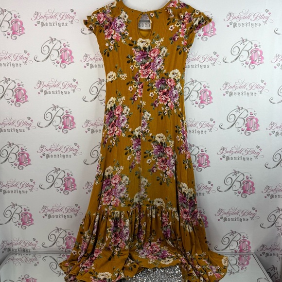 Mia joy dress long ruffle hem flowers crochet lace details Floral Mustard Dress - Picture 2 of 16